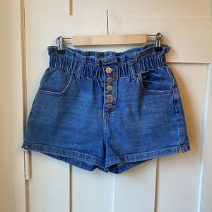Ruched Waist Denim Button Up Shorts